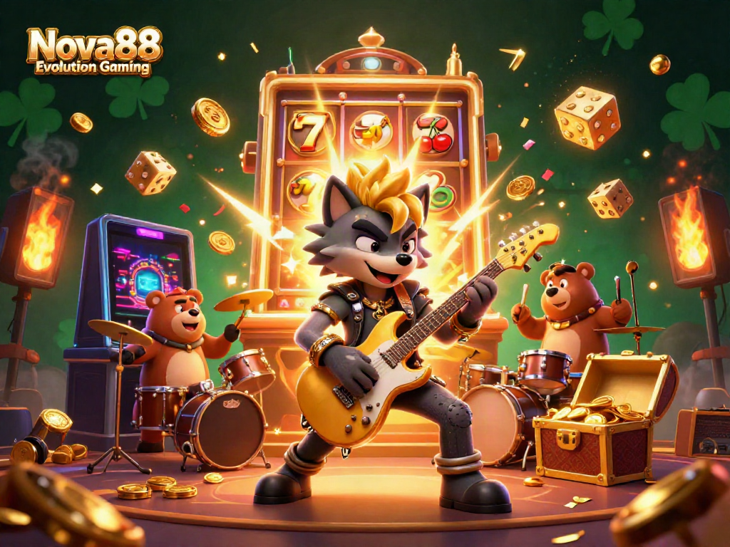 Experience Nova88 Evolution Gaming with an exciting scene featuring rock star wolf and drummer bear in a vibrant casino.