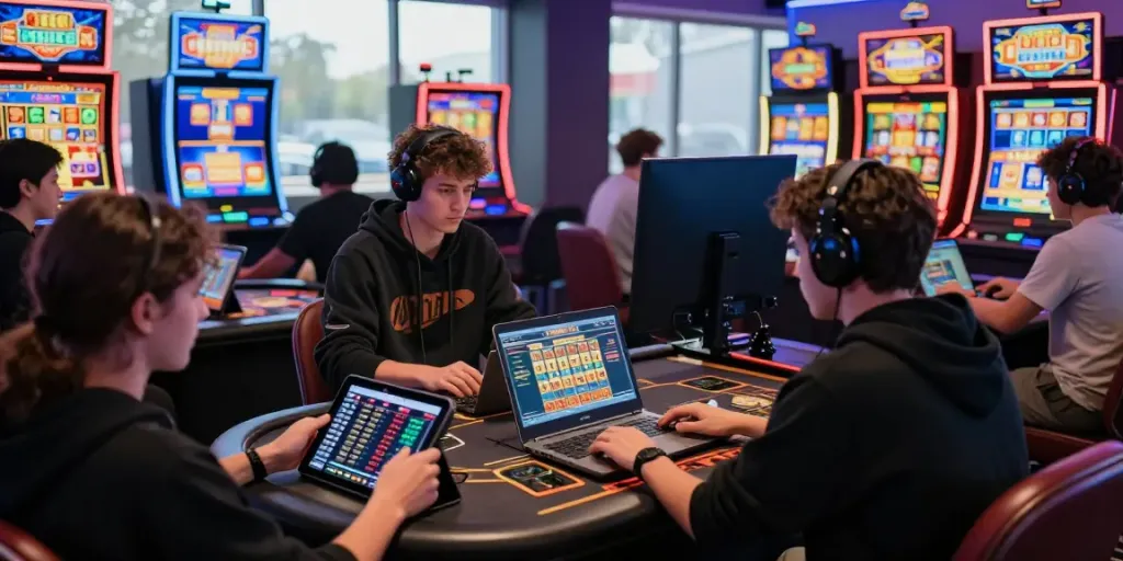 Online gaming excitement with diverse players engaged in slots at akunjp site.