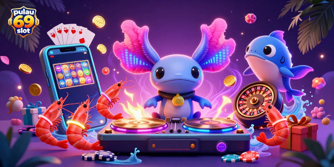 Engage in the vibrant world of pulau 69 slot with a DJ axolotl and festive characters amidst dynamic casino elements.