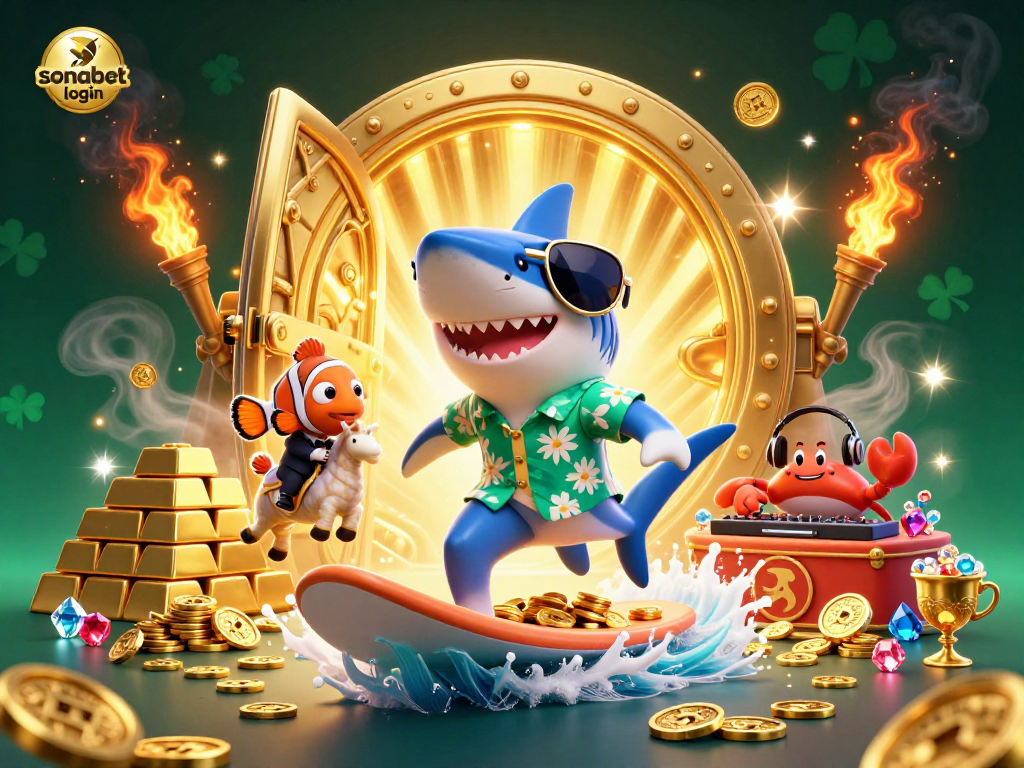 Experience the thrill of gambling with sonabet login on a dynamic scene featuring a shark surfing gold coins.