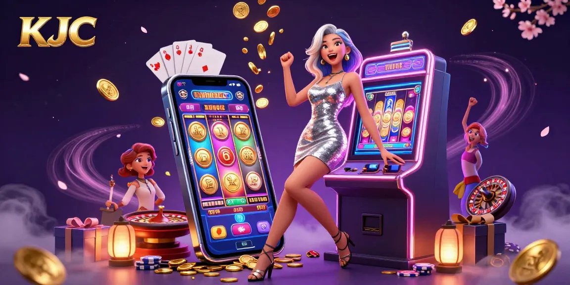 KJC celebrates with a jackpot win alongside glowing coins and dynamic slot game elements.