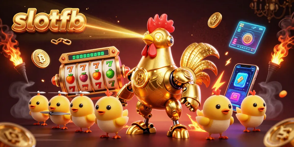 Slotfb memperlihatkan robot ayam emas futuristik dengan simbol permainan slot dan elemen crypto yang bersinar.