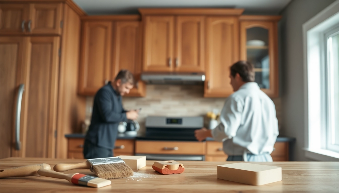 Cabinet Refacing Saint Petersburg FL: Skilled artisans refining wooden cabinets in a bright, welcoming kitchen.