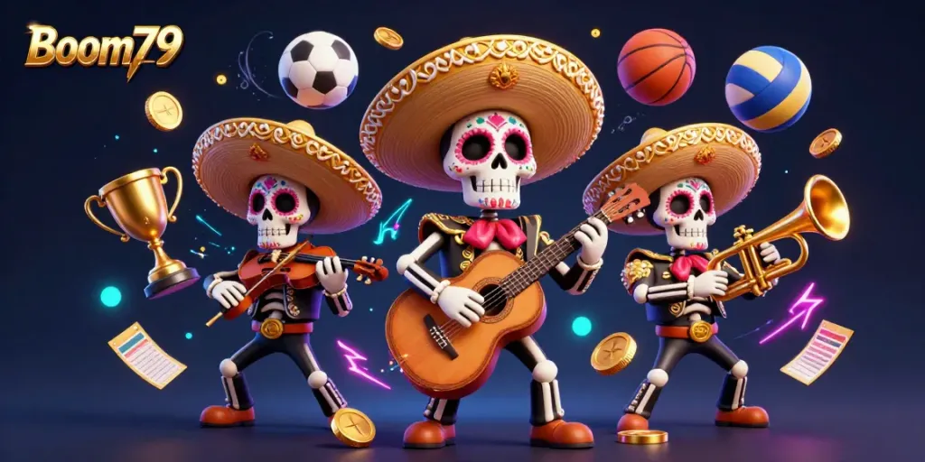 Experience the excitement of Boom79 as mariachi skeletons celebrate with vibrant gaming elements.