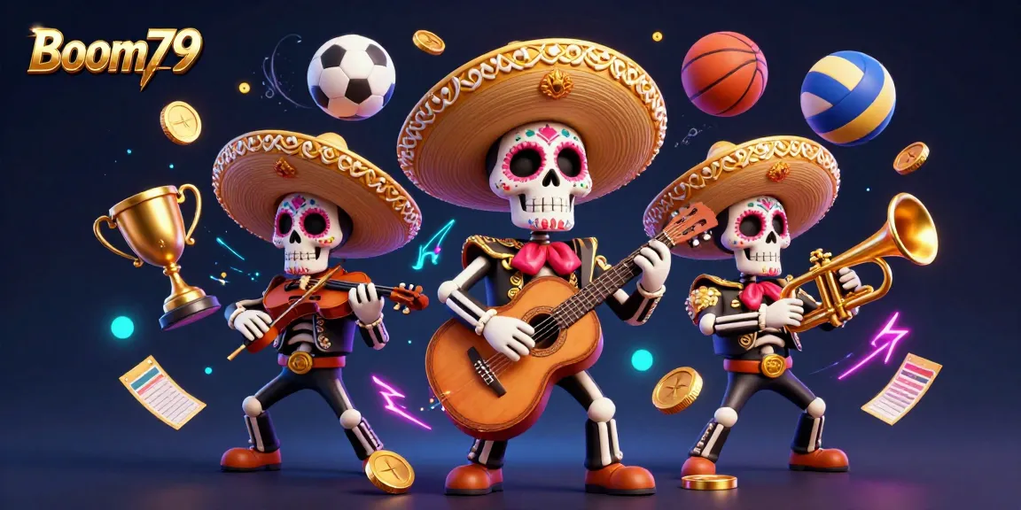 Experience the excitement of Boom79 as mariachi skeletons celebrate with vibrant gaming elements.