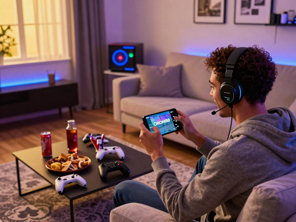 Engaging scene of a user playing ORION88 on a mobile device in a cozy living room, showcasing excitement and game paraphernalia.