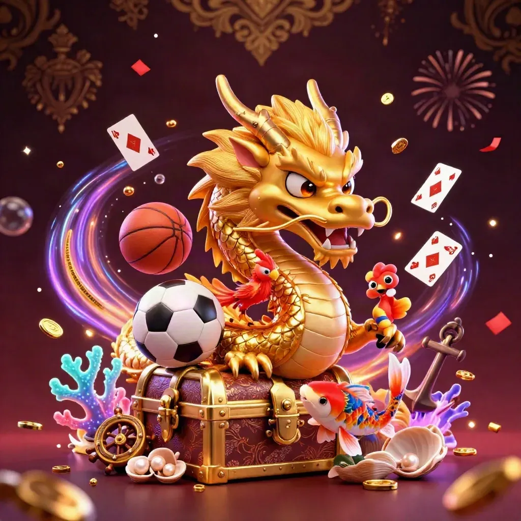 Golden dragon, phoenix, koi, treasure chest, balls, cards, and casino effects in a luxe dark splash art