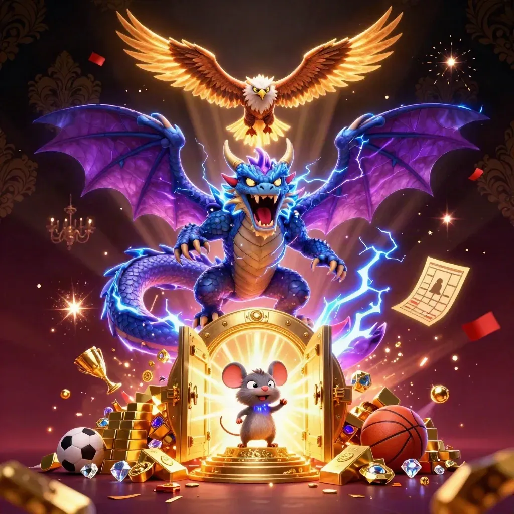 Thunder dragon, hawk and mouse erupt from a vault with gold, gems and sports props.