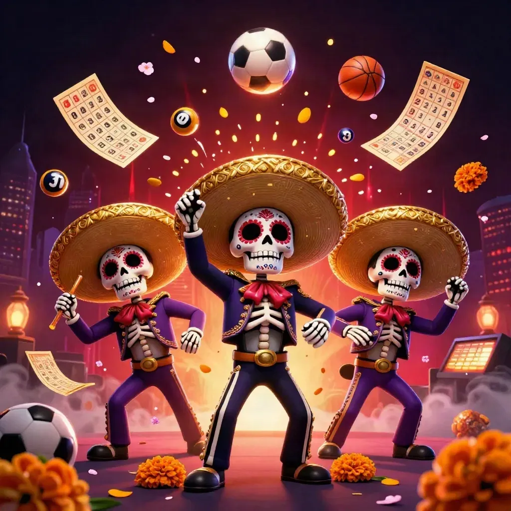 Three skeleton mariachi players amid lottery balls, gold tickets, a wheel, and neon sportsbook glow.