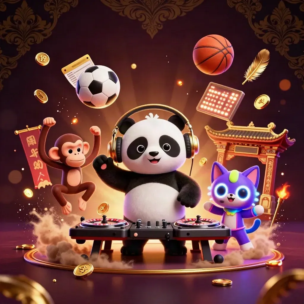 Panda DJ, breakdancing monkey, and glow-stick kitten with flying balls in regal casino lights