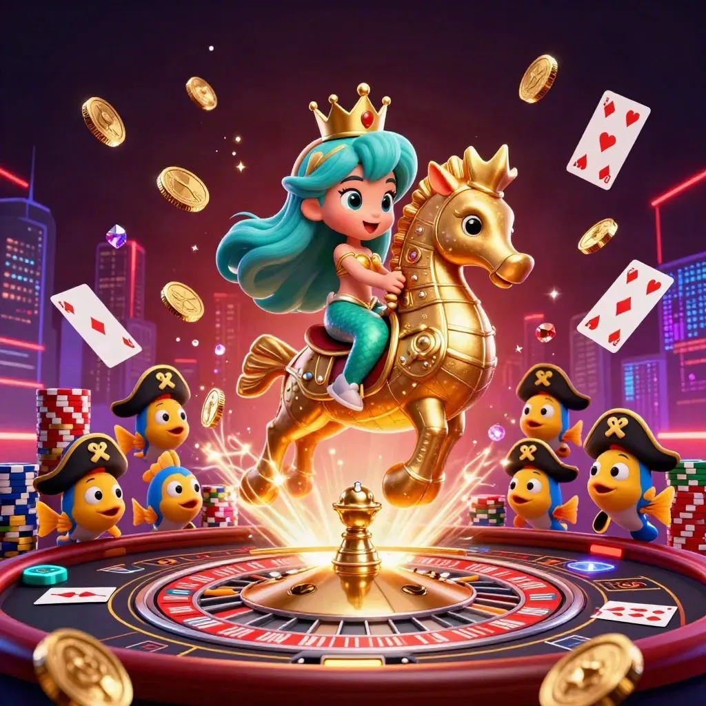 Mermaid princess on a golden seahorse with pirate fish amid coins, chips, cards and neon casino lights.