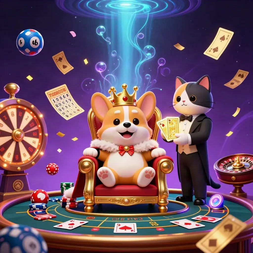 Royal corgi king and cat butler amid casino magic, spinning wheel, glowing chips, purple-gold light