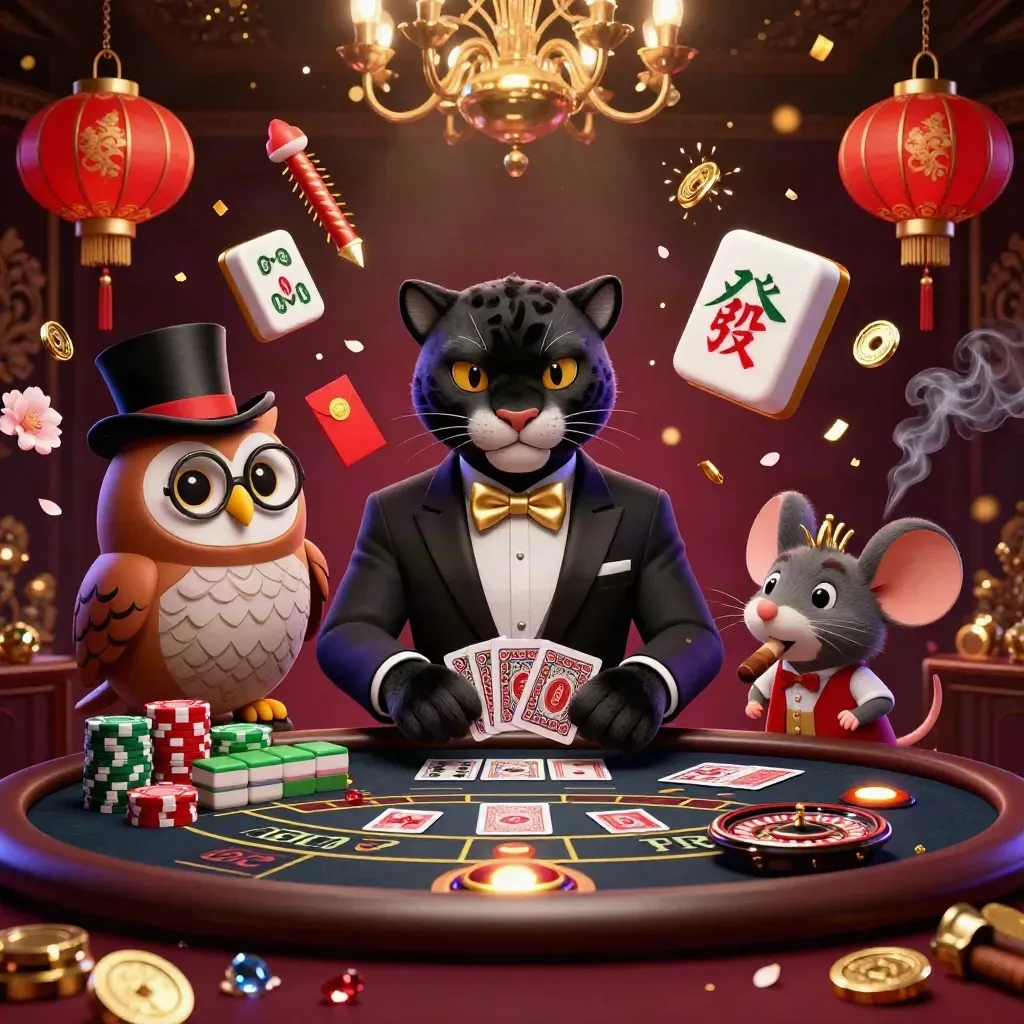 Panther, owl, and mouse in a luxe casino scene with chips, cards, lanterns, and gold glow.