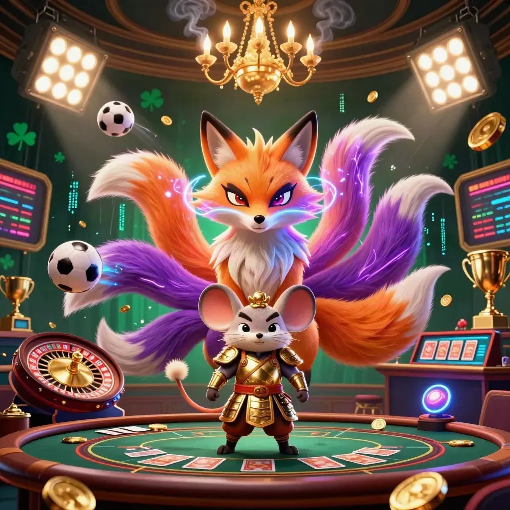 Nine-tailed fox spirit and armored mouse amid casino glamour, balls, coins, lights, and neon energy.