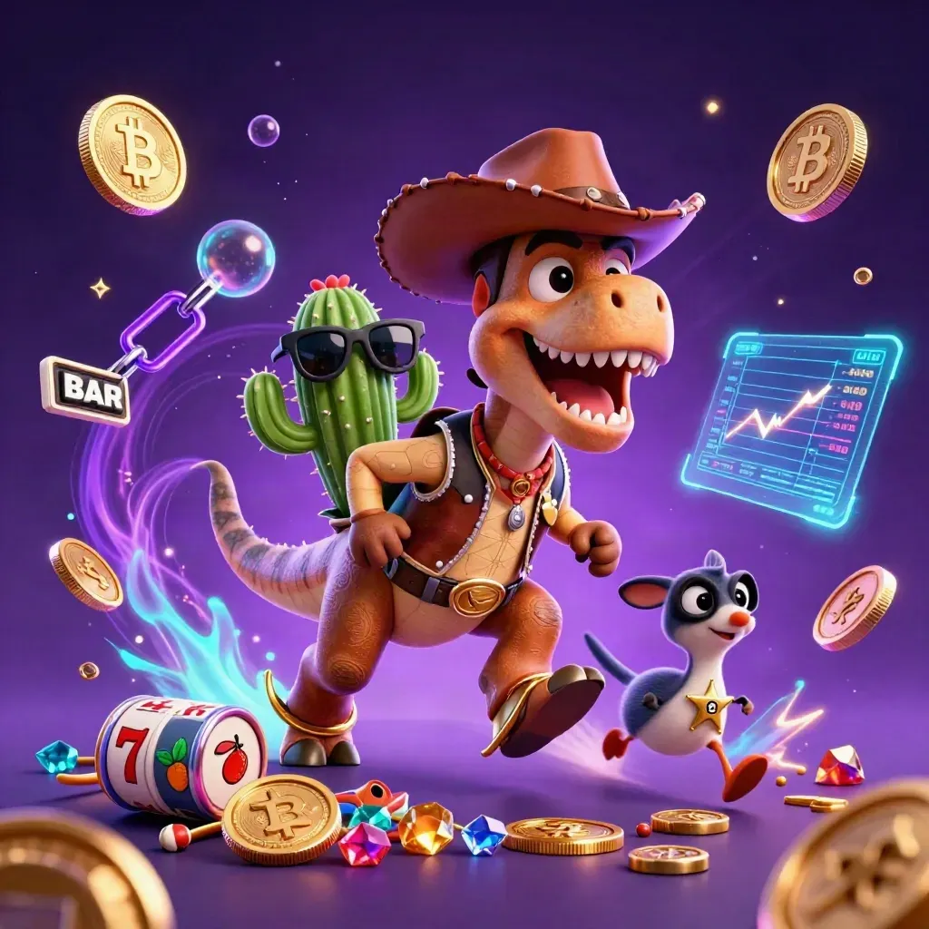Cowboy T-Rex trio bursts through neon casino treasure with coins, lightning, and purple magic