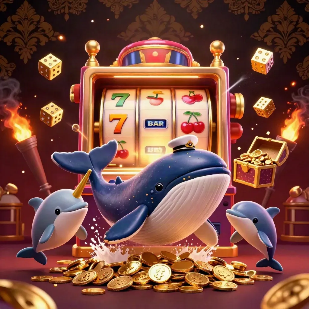 Whale captain, narwhal, and dolphins explode from coins with slot-machine jackpot effects.