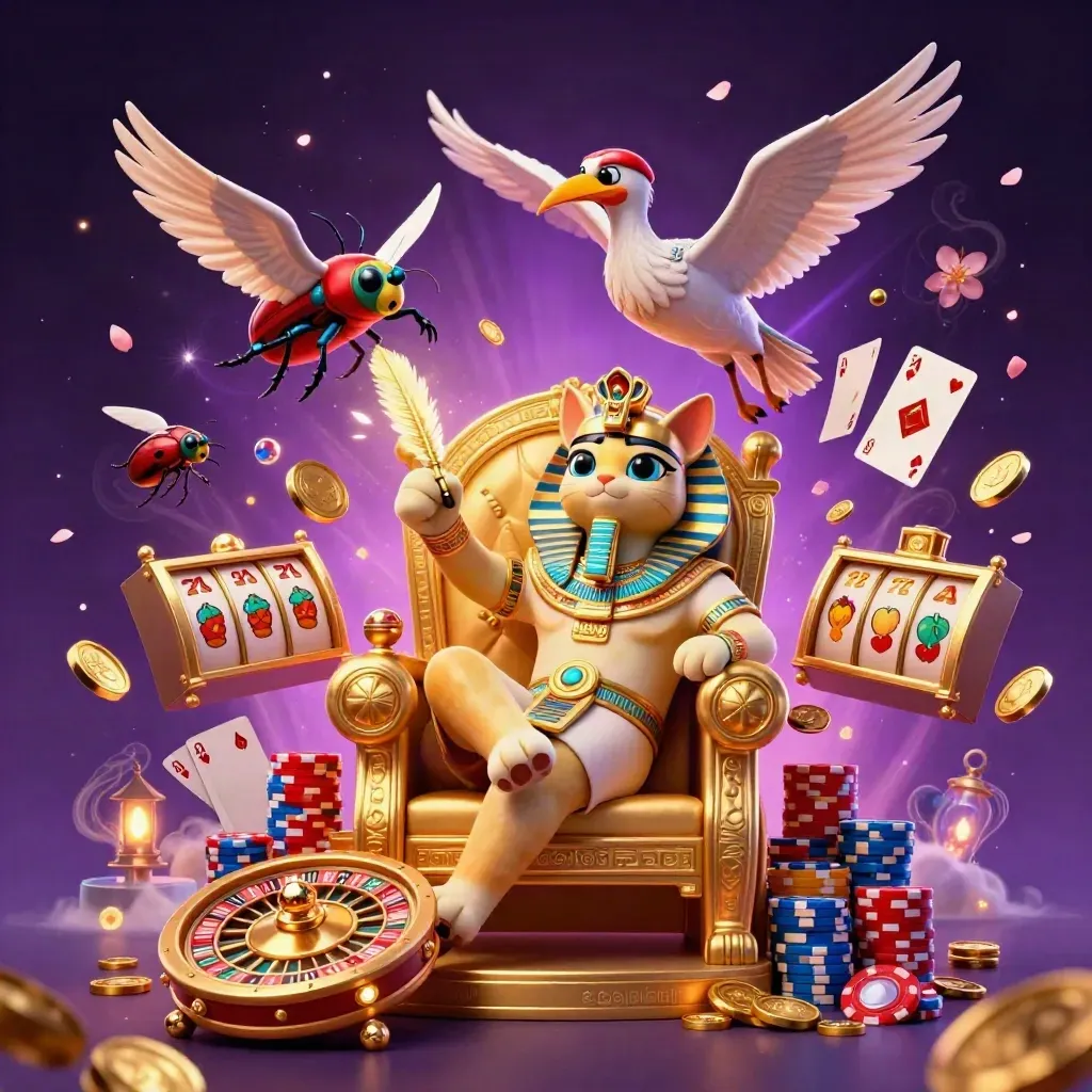 Pharaoh cat, ibis scribe, and jeweled scarabs amid casino riches and purple fog