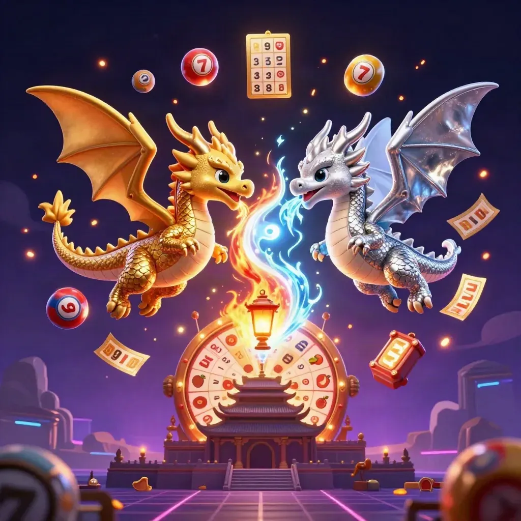 Gold and silver dragons twist around a lantern spirit in a neon temple casino burst.