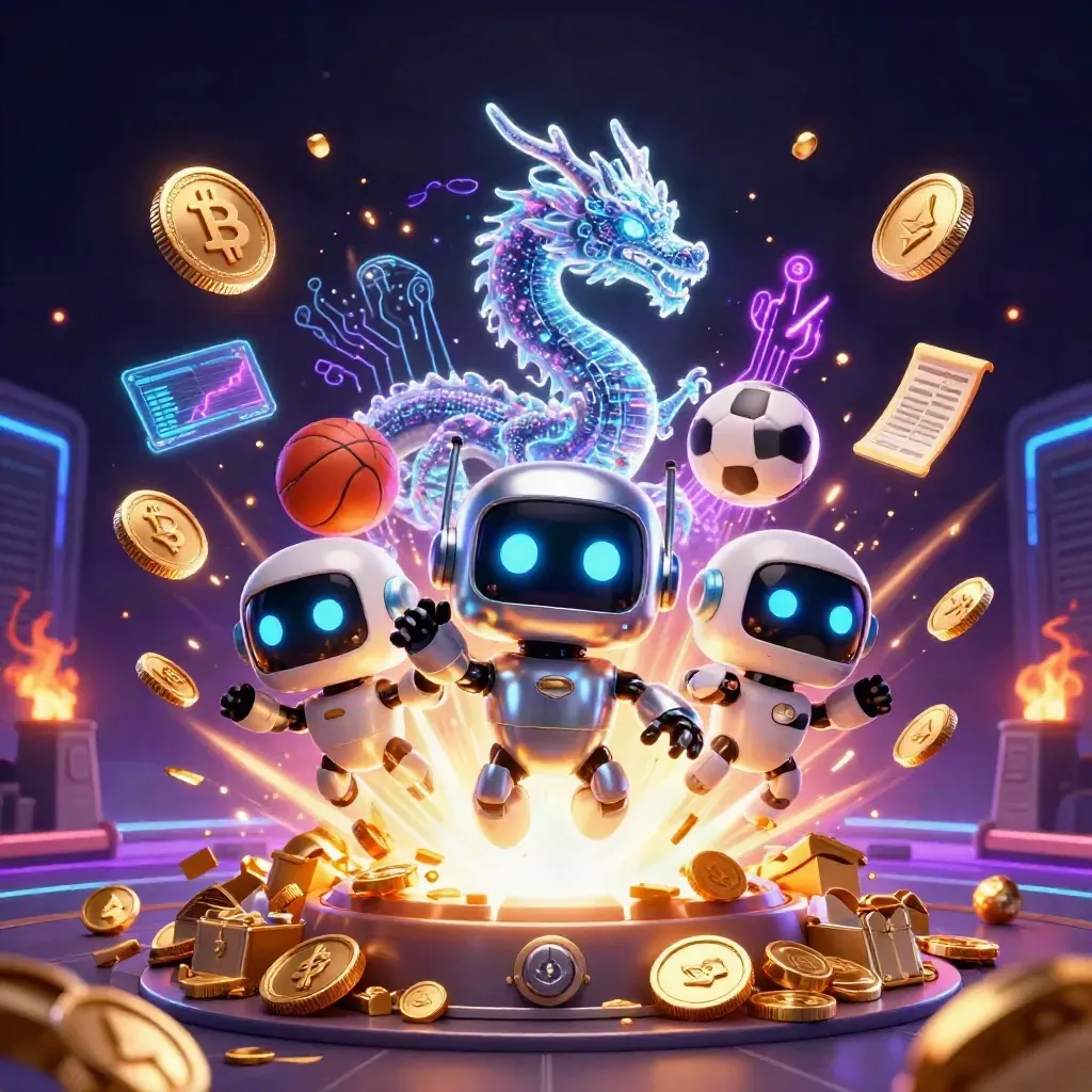Cyberpunk robot, AI dragon and drone amid exploding gold coins, fireworks and sports-bet icons.