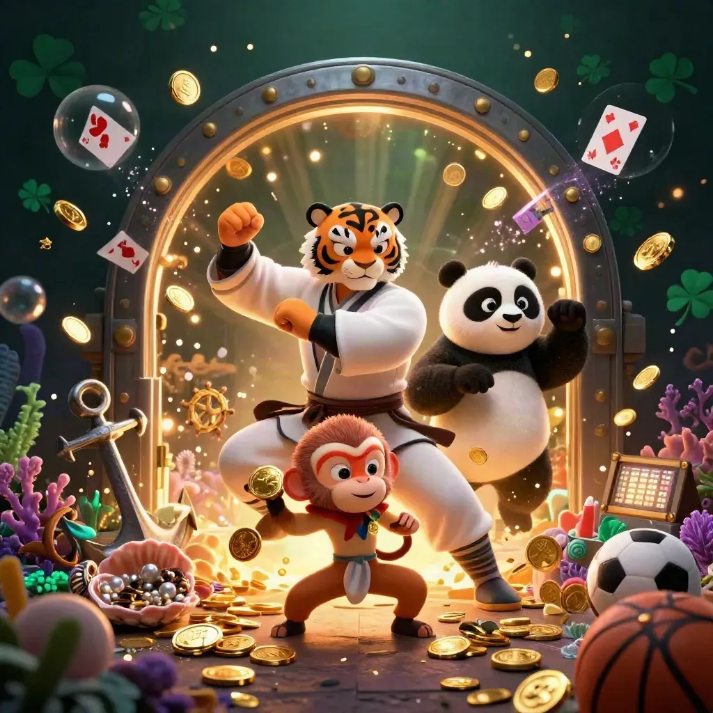 Kung-fu tiger, panda, and monkey amid vault coins, fireworks, and casino treasure