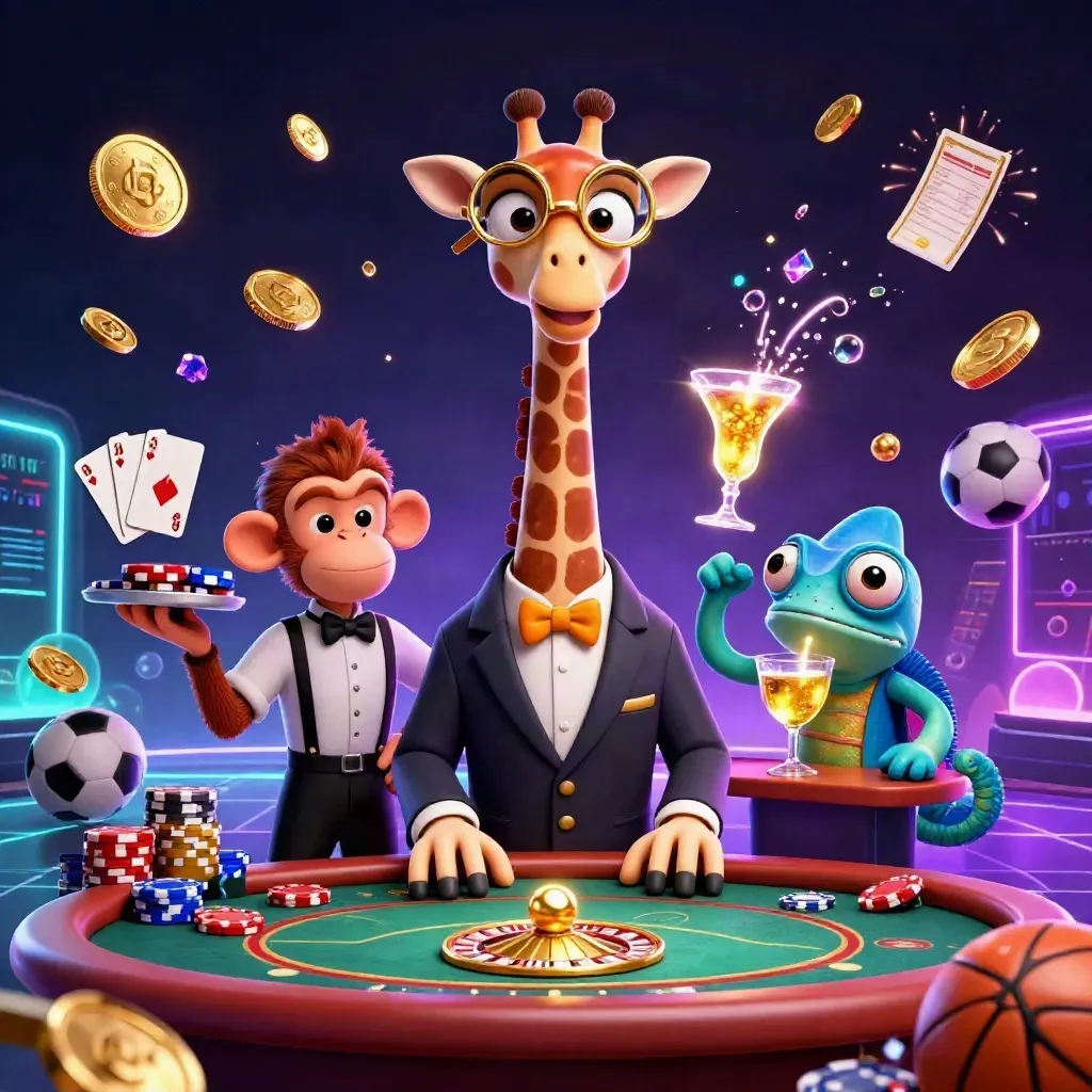 Giraffe, monkey, and chameleon celebrate with coins, cards, roulette wheel, and casino glow.