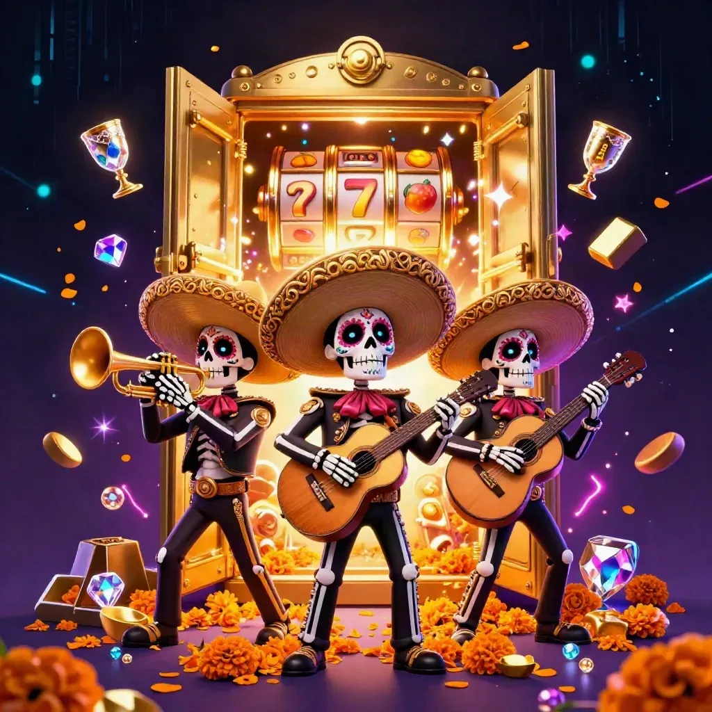 Three skeleton mariachi heroes burst from a gold vault amid casino loot and neon energy.