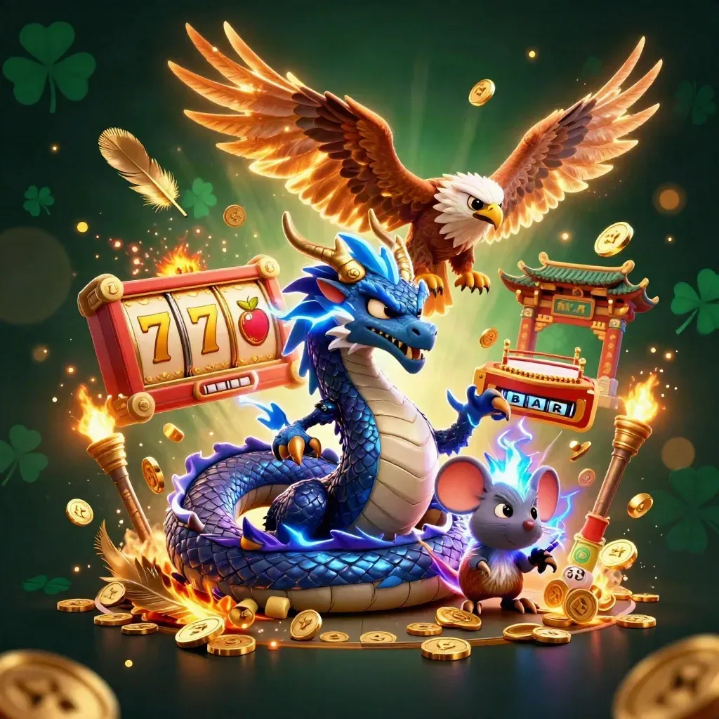 Thunder dragon, wind hawk, and static mouse amid casino relics and glowing gold effects.
