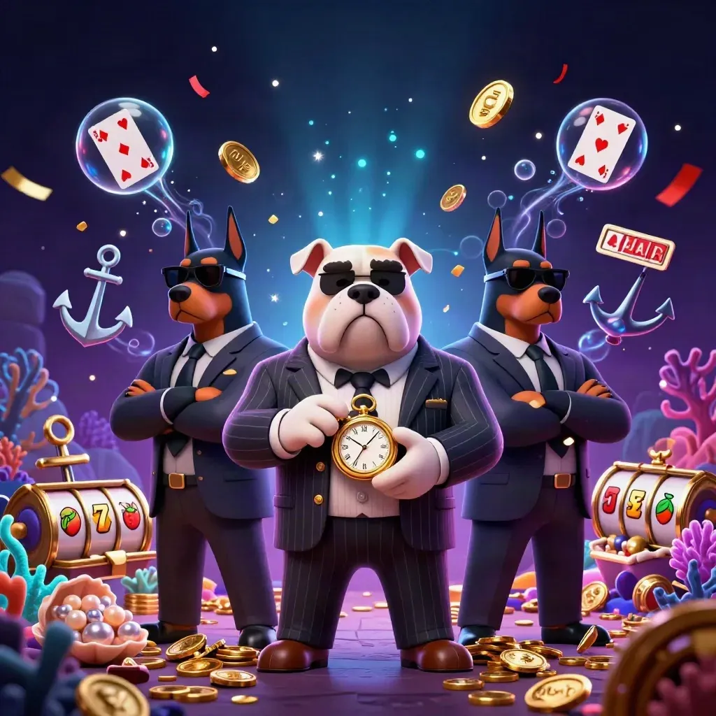 Bulldog mob boss with two Doberman guards amid treasure, cards, reels, and gold glow.