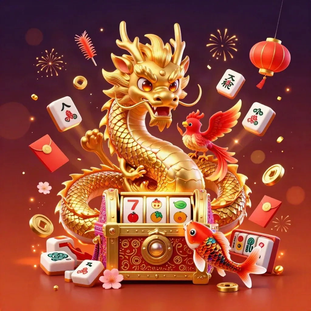 Golden dragon, phoenix, koi, and casino symbols exploding from a chest in luxe neon art