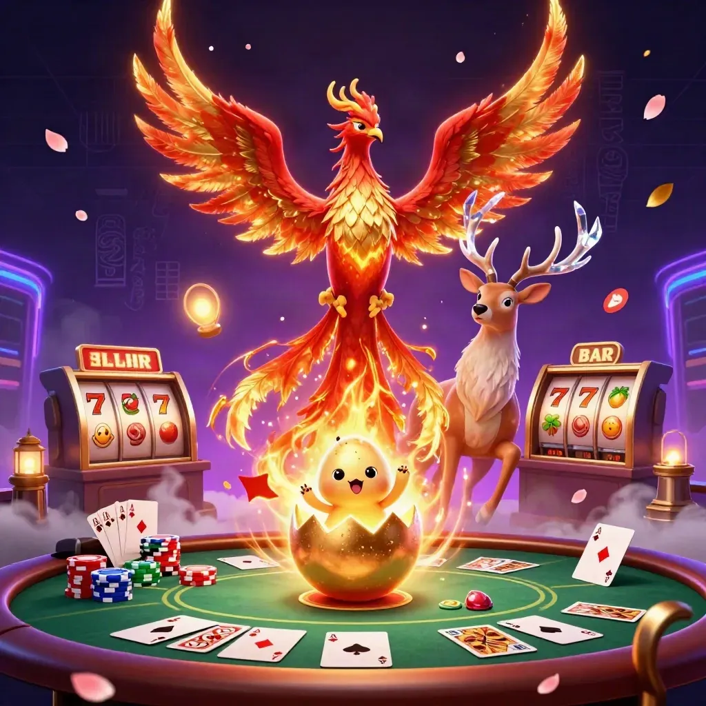 Phoenix, baby phoenix and crystalline stag amid casino chips, cards and glowing reels on a dark neon backdrop