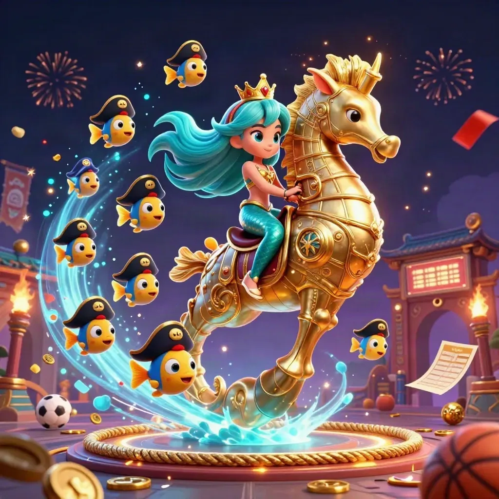 Mermaid princess on armored seahorse amid gold coins, sports props, and neon casino magic.