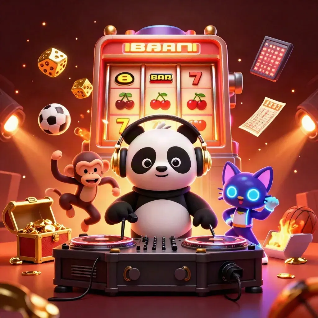 DJ panda, breakdancing monkey, glow kitten, slot burst, gold dice, sports props, fiery casino art