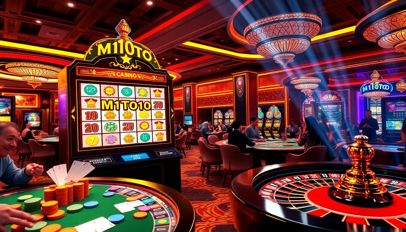 Pemain M1TOTO menikmati permainan slot yang mendebarkan di meja kasino yang penuh warna dengan tumpukan chip.