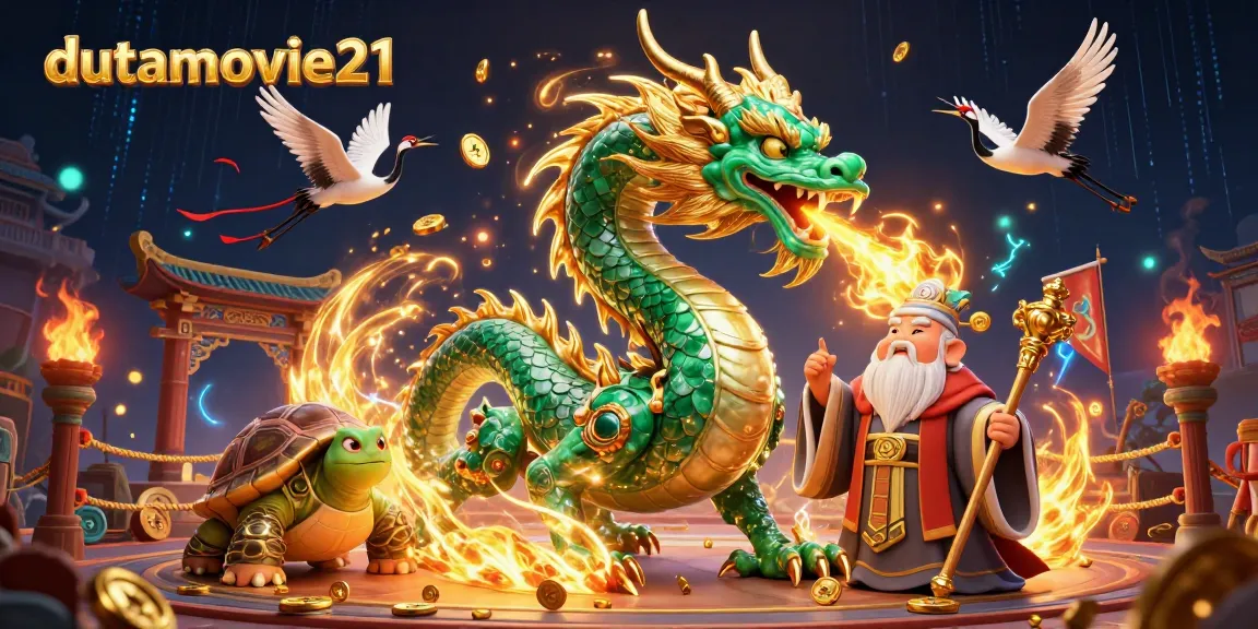 Experience the excitement of dutamovie21 with a magical dragon and lucky cranes in a vibrant casino scene.