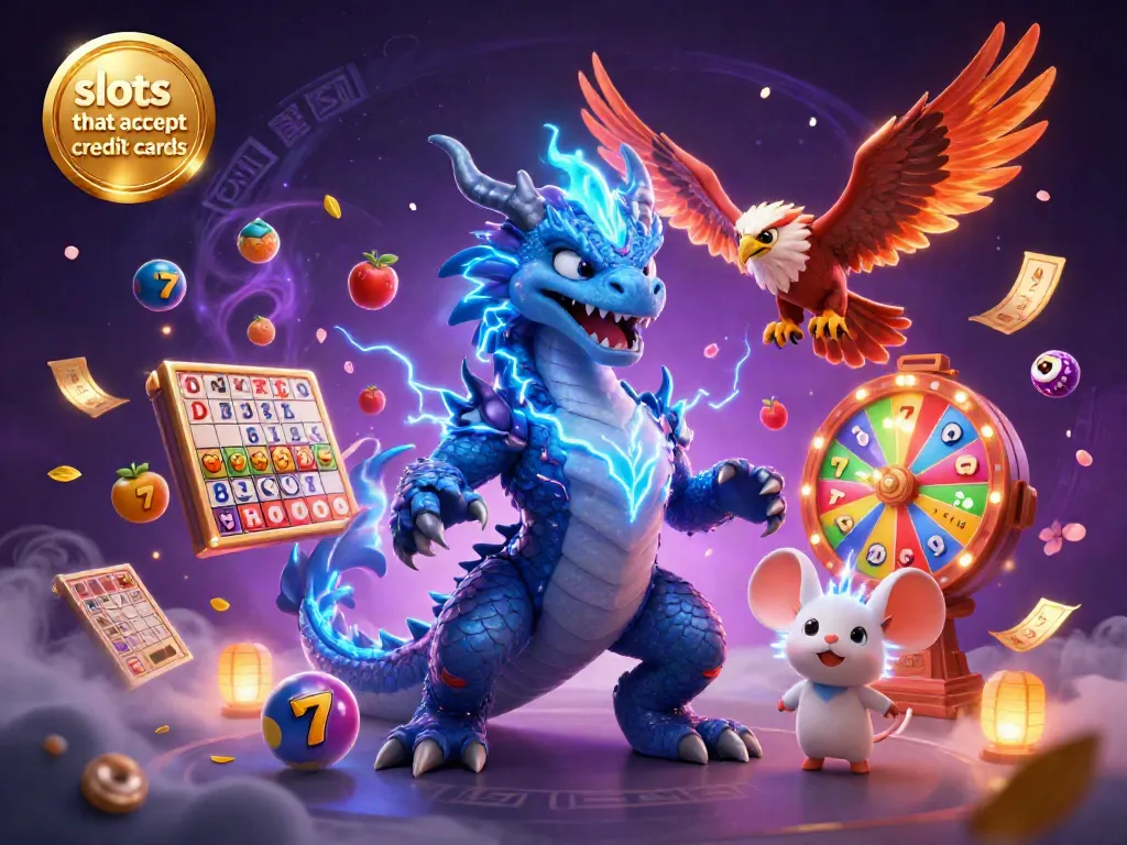 Engaging scene with vibrant slot reels and characters promoting slots that accept credit cards, radiating excitement and energy.