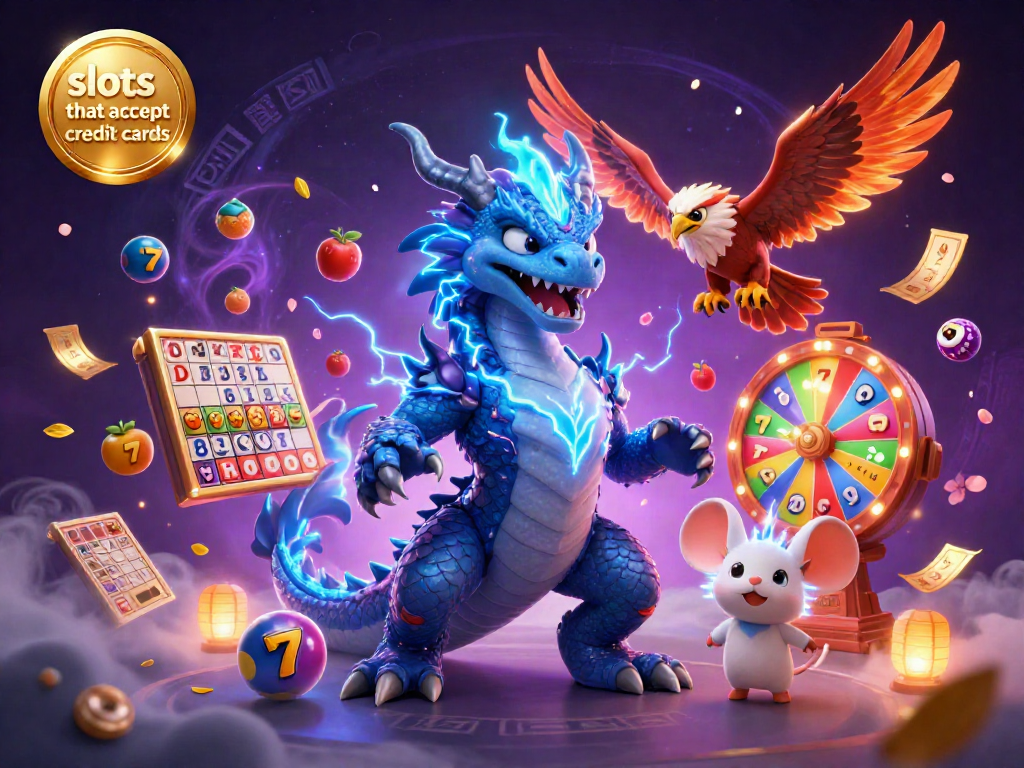 Engaging scene with vibrant slot reels and characters promoting slots that accept credit cards, radiating excitement and energy.