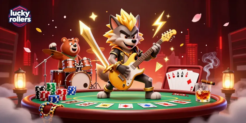 Experience the thrilling atmosphere of lucky rollers with neon effects, poker, and casino energy.