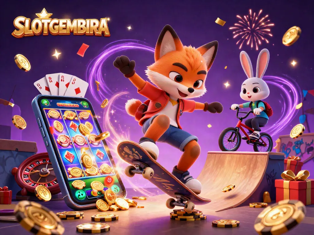 SLOTGEMBIRA entertains with a skateboarder fox and BMX rabbit amid vibrant casino graphics and digital gaming elements