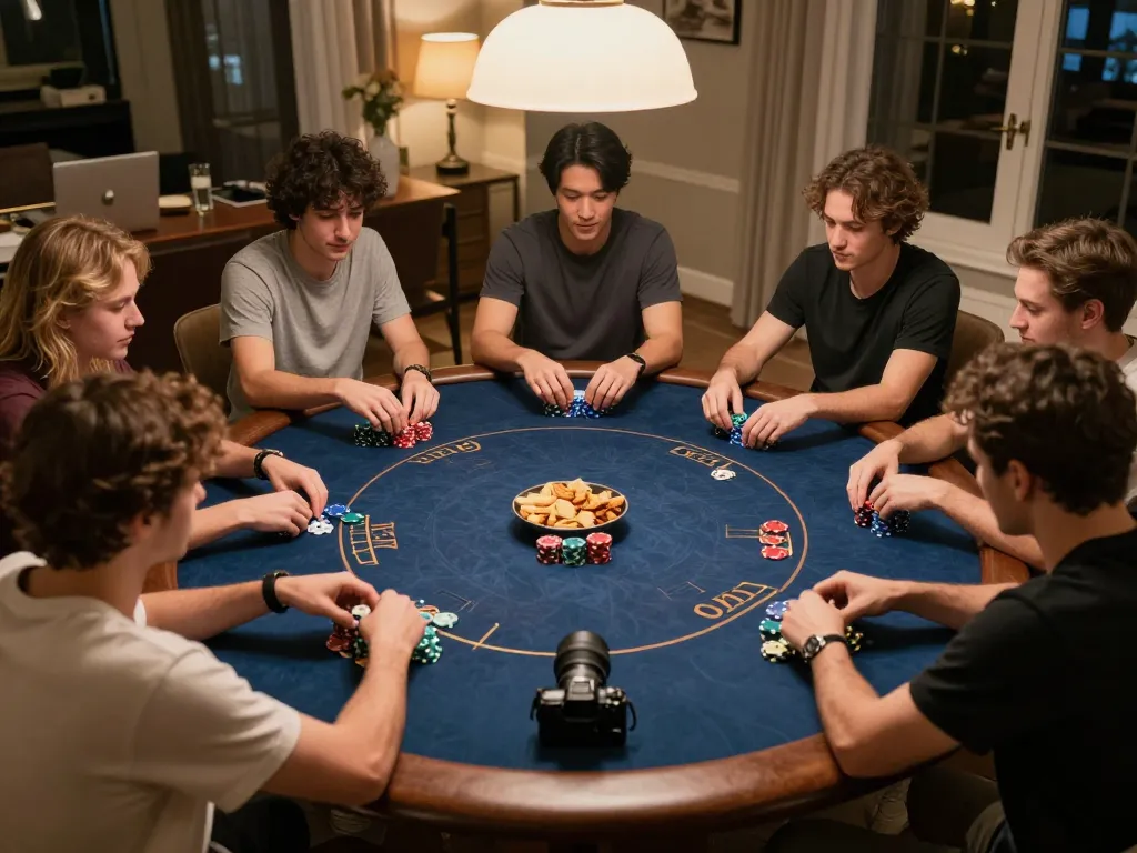 Cucu777 players enjoying a home poker night, displaying chips and strategic hands during competitive gameplay