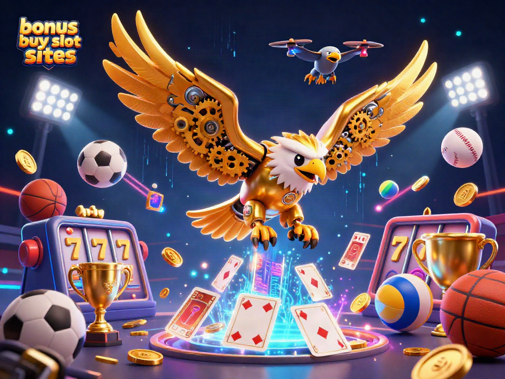Engage with thrilling action in bonus buy slot sites featuring vibrant 3D illustrations of eagle and holographic cards.