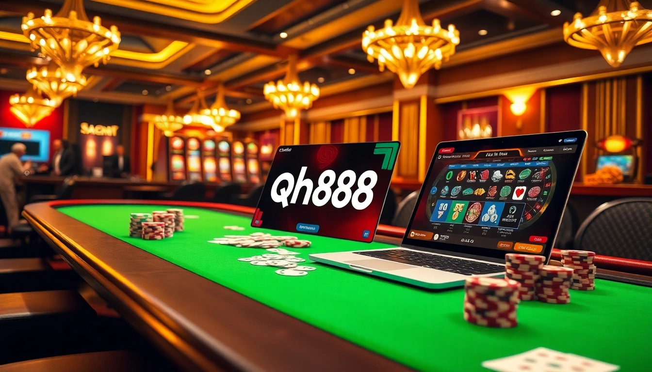 Engaging gambler playing on qh88 platform with vibrant casino elements