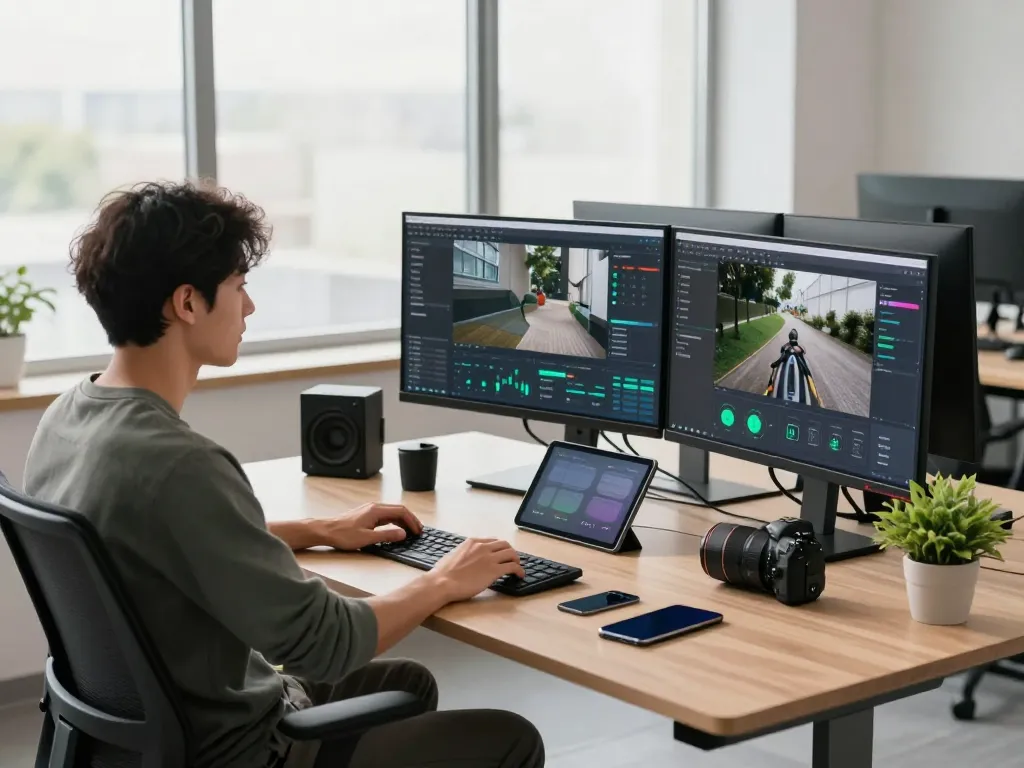 Developer analyzing HD4D camera data in a bright, modern workspace.