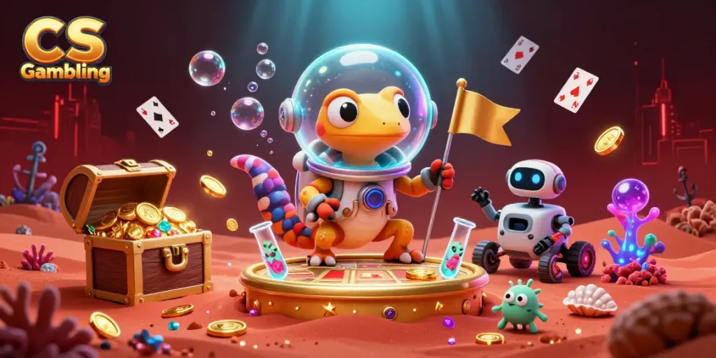 Experience CS Gambling with a Martian gecko discovering a golden casino amidst vibrant alien treasures.