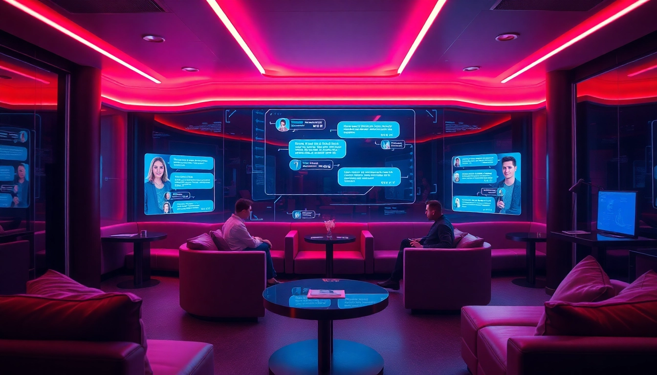 AI chat porn environment featuring futuristic digital avatars and intimate design elements.
