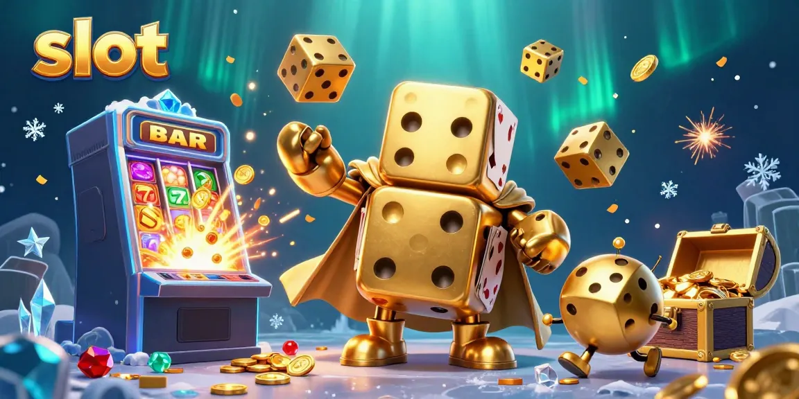 Engaging scene featuring slot-themed elements like a golden dice golem juggling smaller dice amidst a bursting slot machine.
