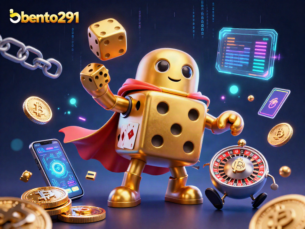 Bento291 showcases a massive golden dice golem juggling dice, highlighting a vibrant gambling scene with crypto elements.