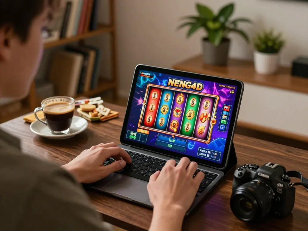 NENG4D player enjoying an online slot game on a tablet in a cozy home setup with warm lighting.