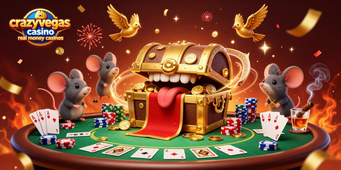 Engaging scene of crazyvegas casino real money casinos showcasing mouse adventurers drawn to a treasure chest amidst vibrant poker elements.