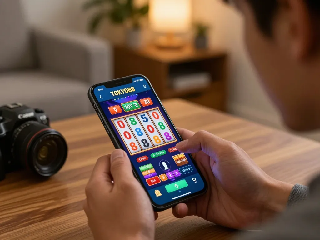 Pengguna TOKYO88 yang terlibat dengan slot mobile, menunjukkan kegembiraan bermain dan permainan yang bertanggung jawab.