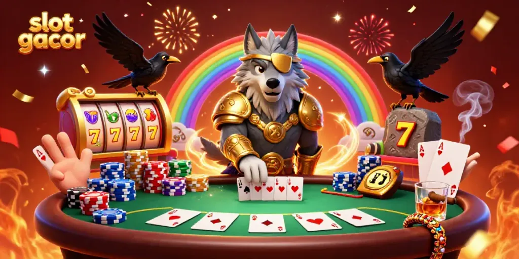 Experience the thrill of slot gacor with Odin and his ravens in this vibrant casino illustration.